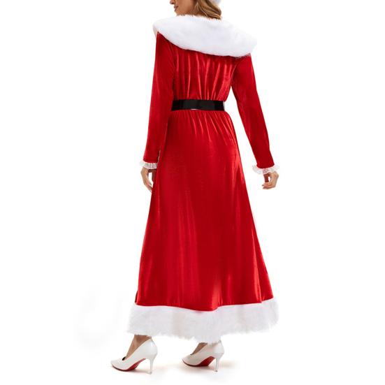 Mrs. Claus Costume Christmas Red Velvet Dress for Women Long Sleeve V Neck Cosplay Outfit with Santa Hat And Belt