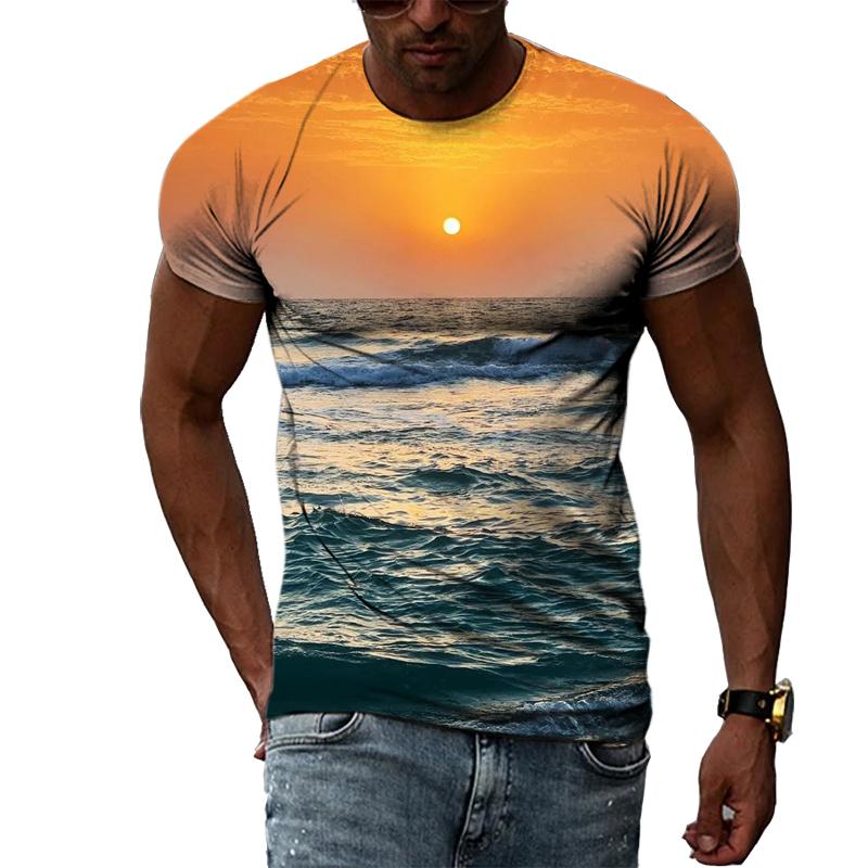 Летние пляжные пейзажи Графические футболки для мужчин Модные футболки с индивидуальным принтом Хип-хоп Harajuku Трендовые футболки с короткими рукавами