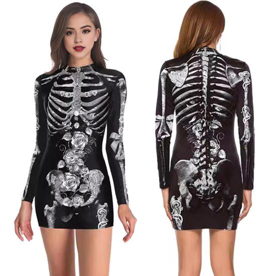Хэллоуин Женское платье Кровавое пятно Скелет Паук Принт V-образный вырез Медсестра Косплей Длинные рукава Дом с привидениями NPC Костюм для выступлений