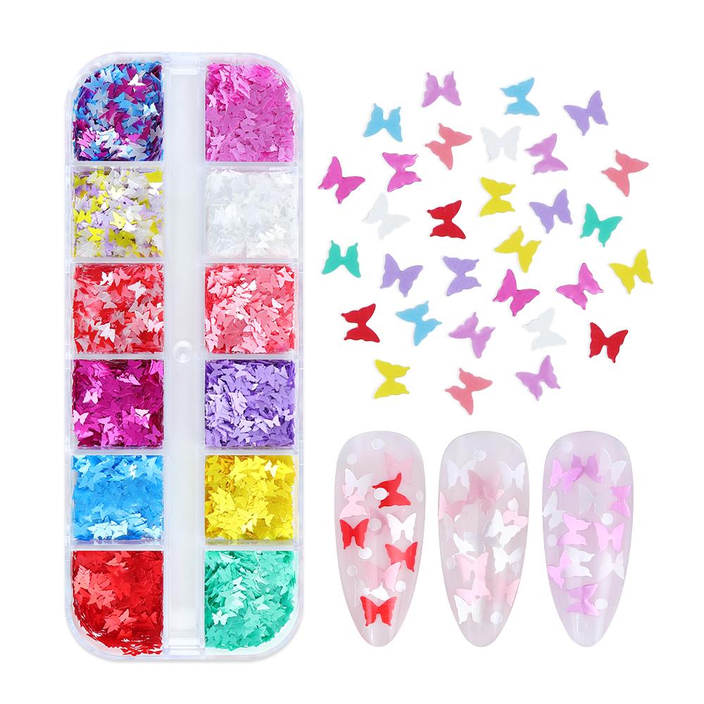 12Grids 3D Butterfly Sequins Nails Art Glitter Flakes Charms Decoration Manicure Accessories for Gel Nail Polish Design Supplies