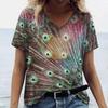 Summer V Neck Women Peacock Feather Graphic Fashion Short Sleeve Harajuku Y2k Top Oversized Casual