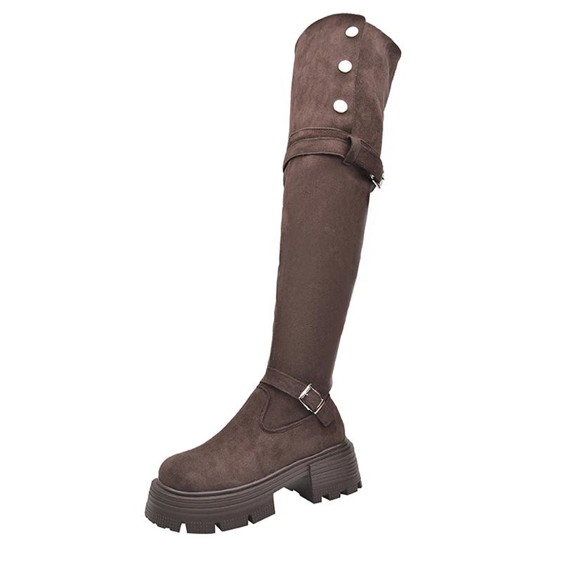 Женские замшевые высокие сапоги на толстом каблуке выше колена, женская обувь 2025 года, трендовая зимняя мода, ретро-сапоги для мотоциклистов, Mujer Botas