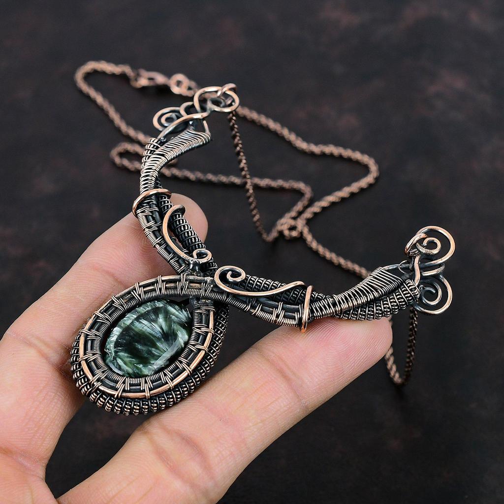 Серафинитовое ожерелье, ожерелье из медной проволоки, изящные медные украшения, ожерелье ручной работы из настоящего драгоценного камня, ювелирные изделия из проволоки, свадебные подарки