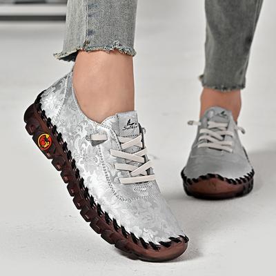 Модная женская осенняя обувь Кожаные лоферы Женская обувь ручной работы Принт 'Мама' Комфортная Легкая Оксфорды Мягкая подошва Женские туфли на плоской подошве