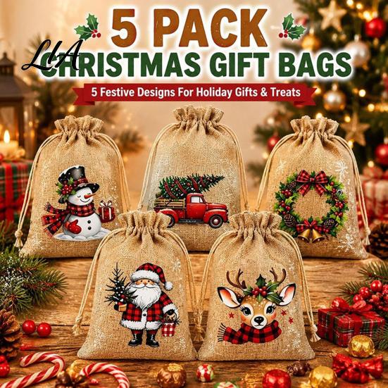 Holiday Candy Storage Sacks Christmas Jute Burlap Gift Bags, Drawstring Treat Reusable Fabric Pouches Bag, Linen Packaging Pouch for Party Favors Tear