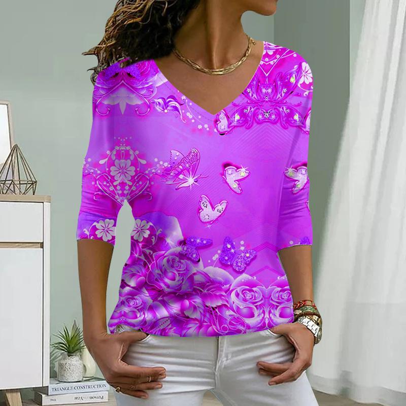 Роза Бабочка Принт Женские Футболки Женские Топы Длинные Рукава V-образный Вырез Пуловер Femme Футболки Футболка Для Женщин