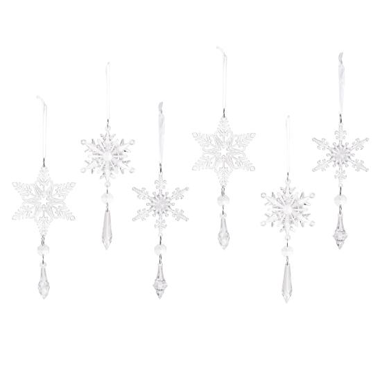 6 Pcs Acrylic Crystal Christmas Ornament Sparkling Clear Snowflake Hanging Ornaments with Drop Pendants for Xmas Tree Decoration
