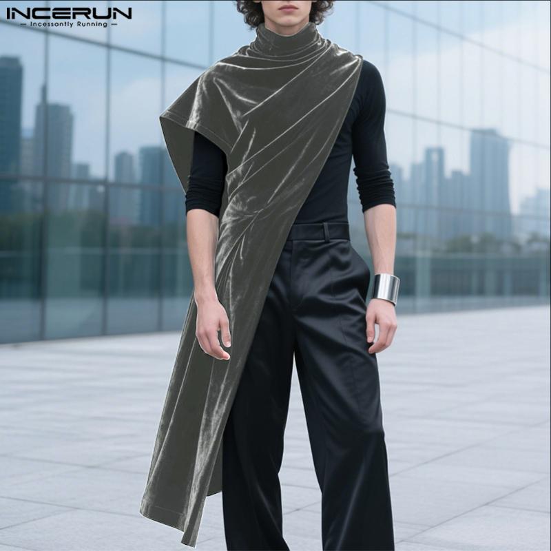 INCERUN Мужской водолазка на одно плечо с блестками, с высоким разрезом, повседневный длинный топ, футболка