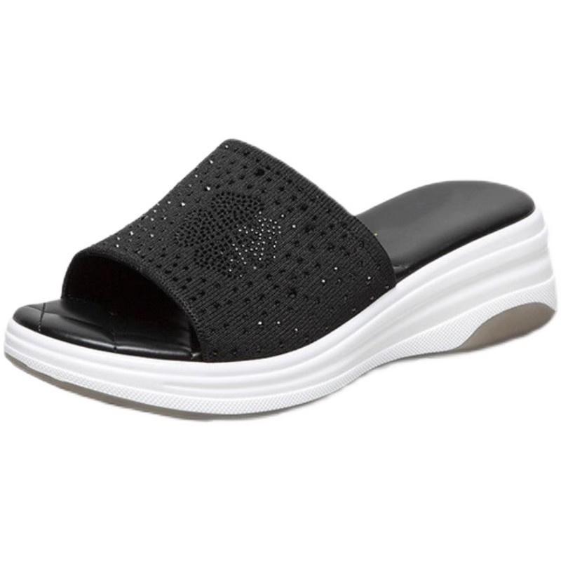 Модные женские тапочки 2024 года, летние туфли на платформе с открытым носком и стразами, повседневные туфли на высоком каблуке с защитой от скольжения