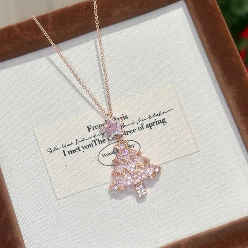 Женские серьги-подвески в виде рождественской елки, розового кристалла циркония, звезды, сверкающие снежинки, розовые украшения в подарок