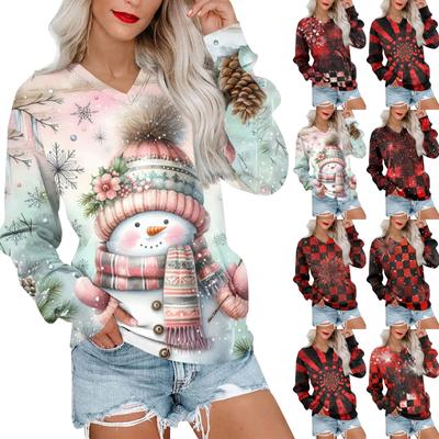 Женская повседневная модная рождественская толстовка с V-образным вырезом и длинными рукавами, легкая толстовка с карманами