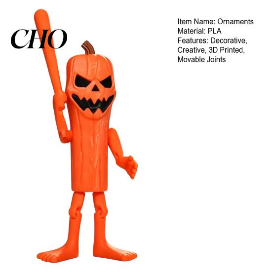 Creative Halloween Gifts 3D Printed Articulated Pumpkin Stick Figure Ornament with Baseball Bat Accessory, Movable Joints Desktop Fun Decorations
