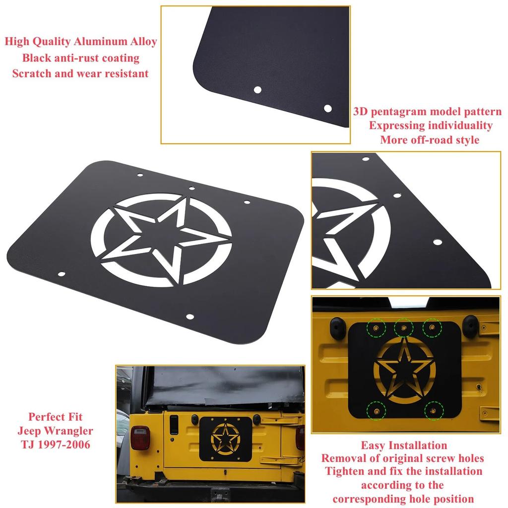 Car Spare Tire Carrier Delete Filler Plate Cover Tailgate Tramp Stamp for Jeep Wrangler TJ 1997-2006 Exterior Accessories Black