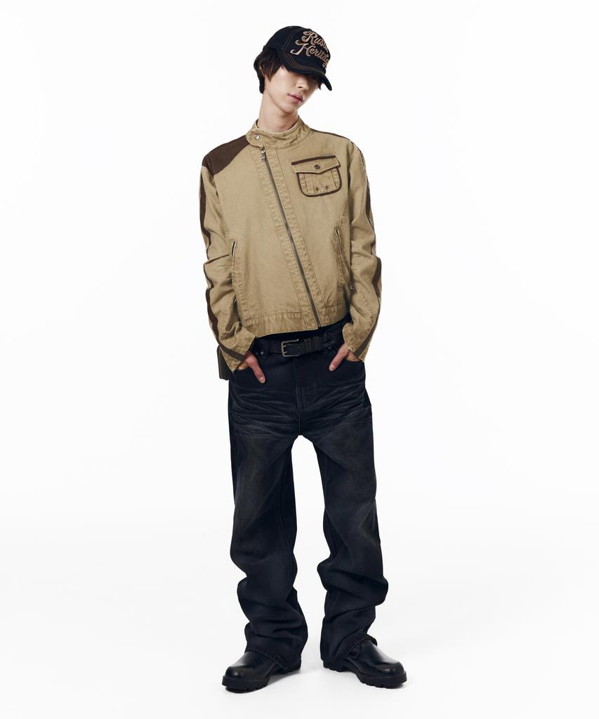 AAKAM Slant Leather Patch Jacket (Beige)