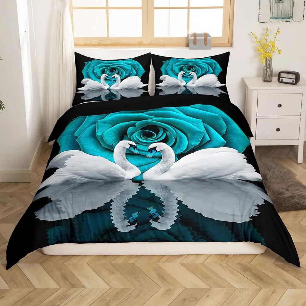 3D White Swan Bedding Set Red Floral Rose Printed Duvet Cover Set Cute Animal Super Soft Polyester Covers Gift For Lover