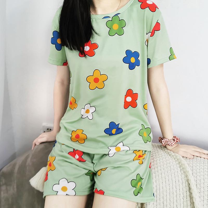 Женский летний пижамный комплект: Круглый вырез, Короткий рукав, Мультяшный принт, Омолаживающая домашняя одежда