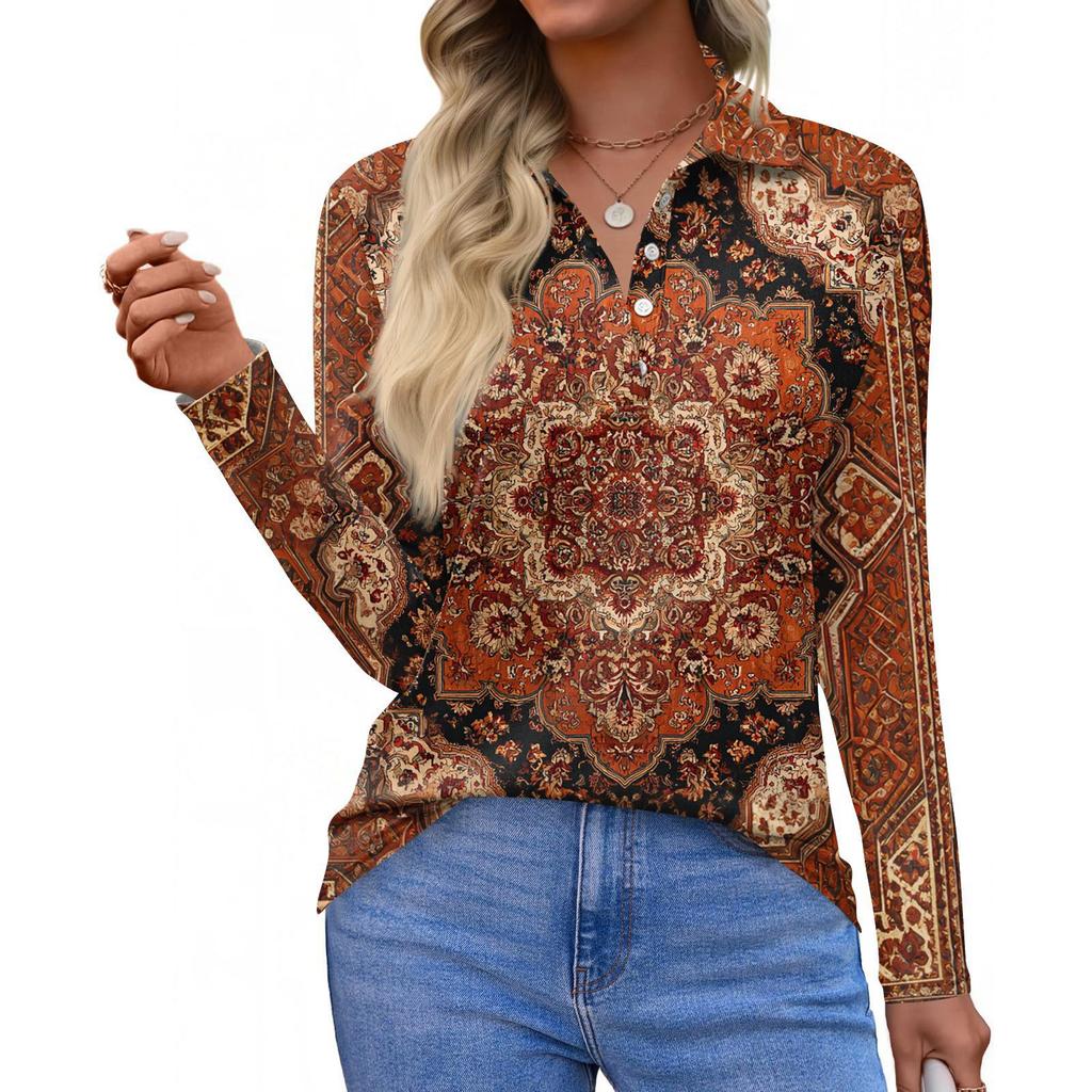Women's Fashion Casual Lapel Short Long Sleeve Print Shirt Women's Button Up Tops