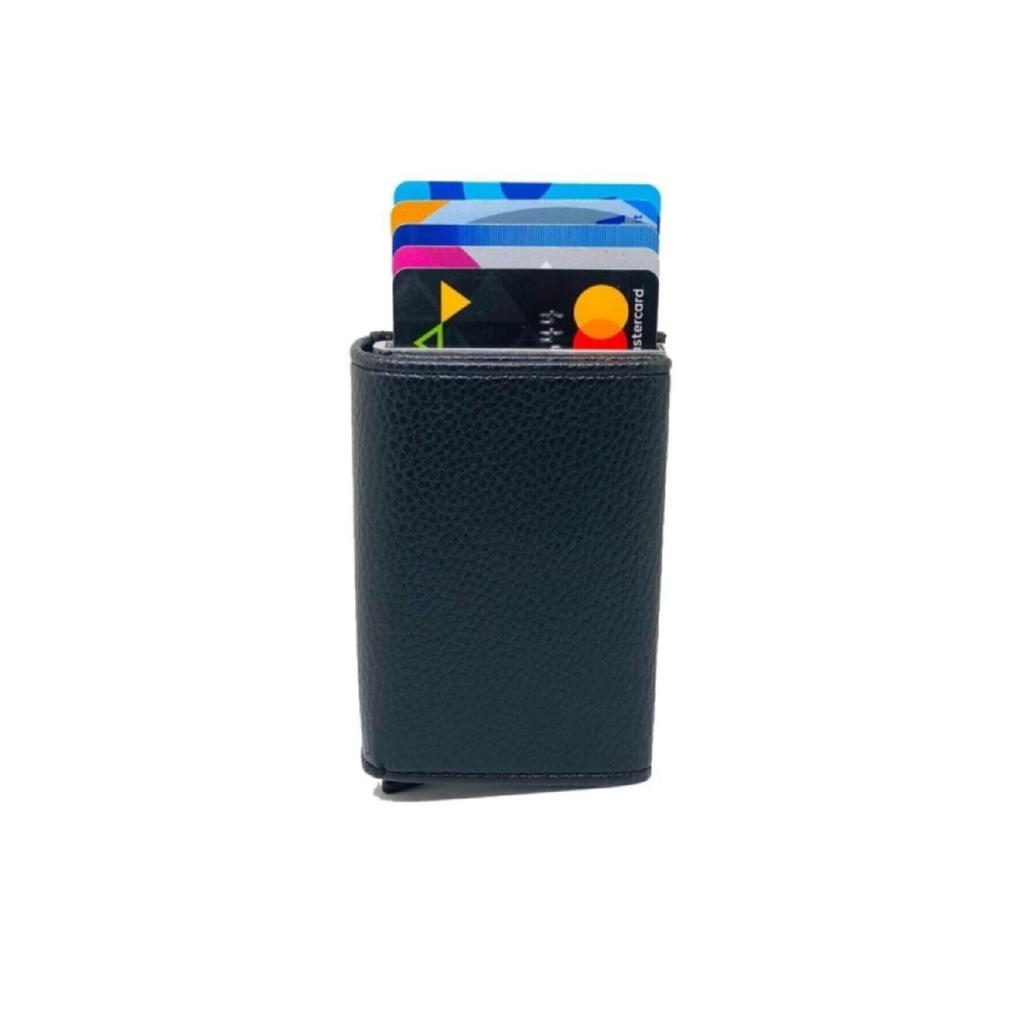 Магнитный кожаный черный мужской кошелек с автоматическим механизмом и глазами для денег