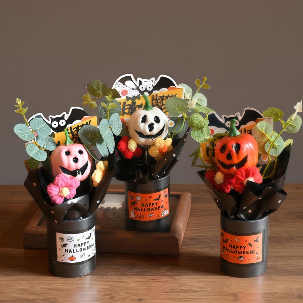 3pcs Mini Halloween Resin Decorative Bouquet Ghost Pumpkin Head Home Bedroom Accessories Party Gifts Creative