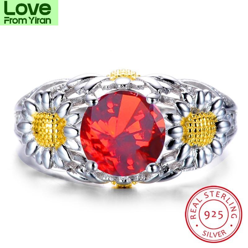 Cute Plant Daisy Ring 925 Sterling Silver Rings For Women White Yellow Topaz Red Ruby Stone Wedding Bands Zircon Engagement Ring