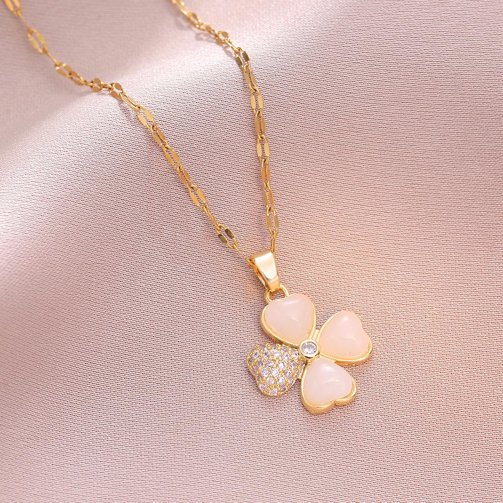 Женское ожерелье из титановой стали - Подвеска в виде четырехлистного цветка циркония и камня "кошачий глаз", новый дизайн.