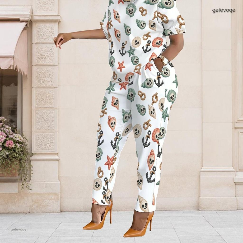 Women Plus Size White Printed Short Sleeve Top Pocket Pants Two Piece Set