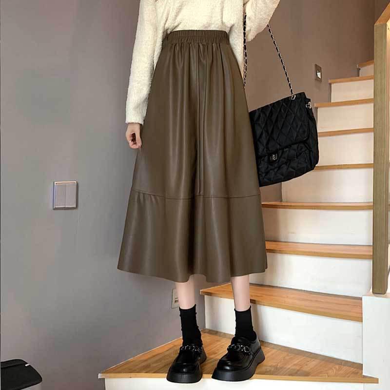 2024 High Waist A-line Leather Midi Skirt for Women - Autumn/Winter Slimming Umbrella Skirt