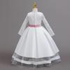 Long Sleeve Lace Satin Spliced Girl Bow Tulle Princess Dress