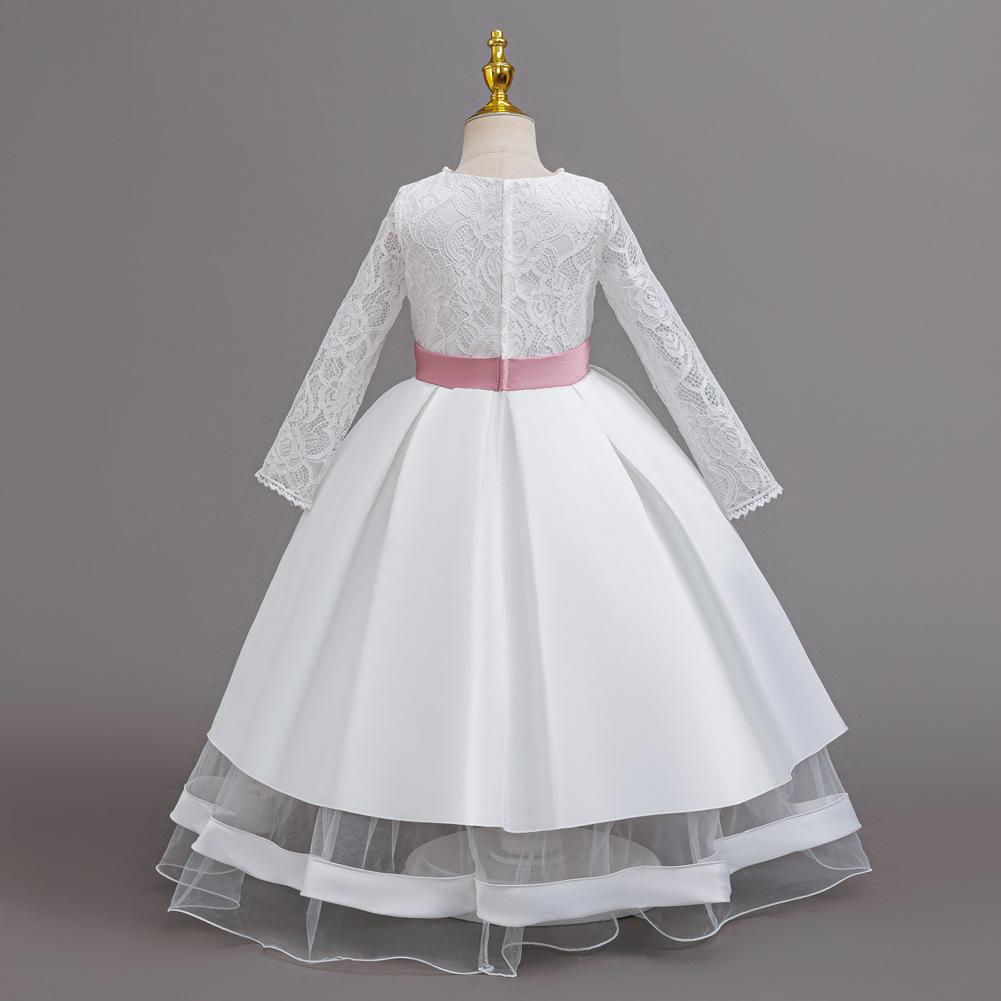 Long Sleeve Lace Satin Spliced Girl Bow Tulle Princess Dress