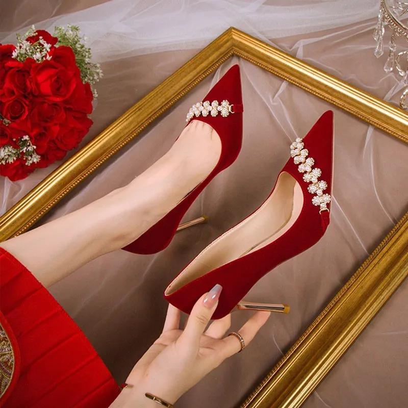 Spring and Autumn New Women's Pearl Chinese Bridal High Heels Fashion Trend Thin Heels Pointed Shallow Mouth Pumps Wedding Shoes