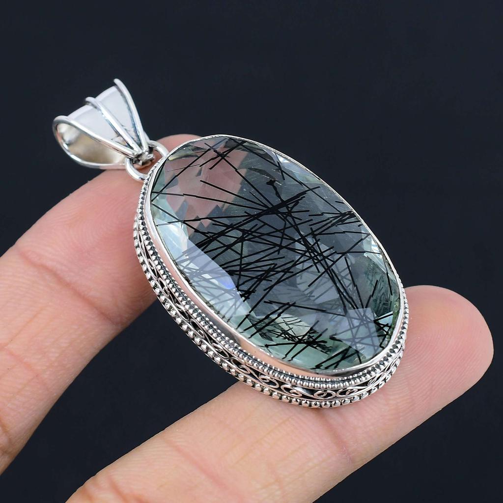 Черный рутиловый драгоценный камень Кулон Твердый кулон из стерлингового серебра 925 пробы Ювелирный подарок для унисекс