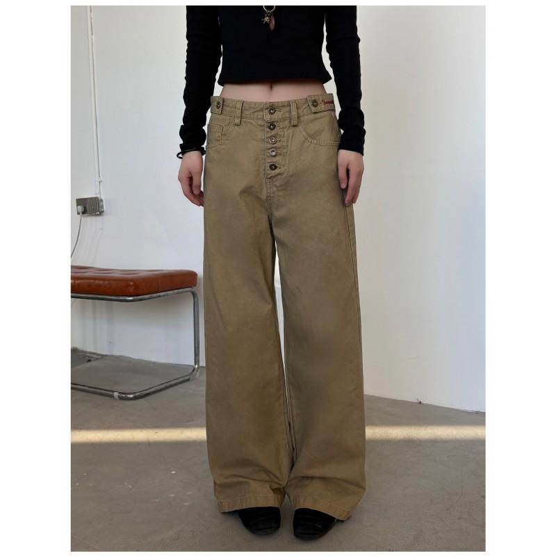 Washed Vintage Five-Button Embroidered Loose Straight Leg Cargo Pants Men Women