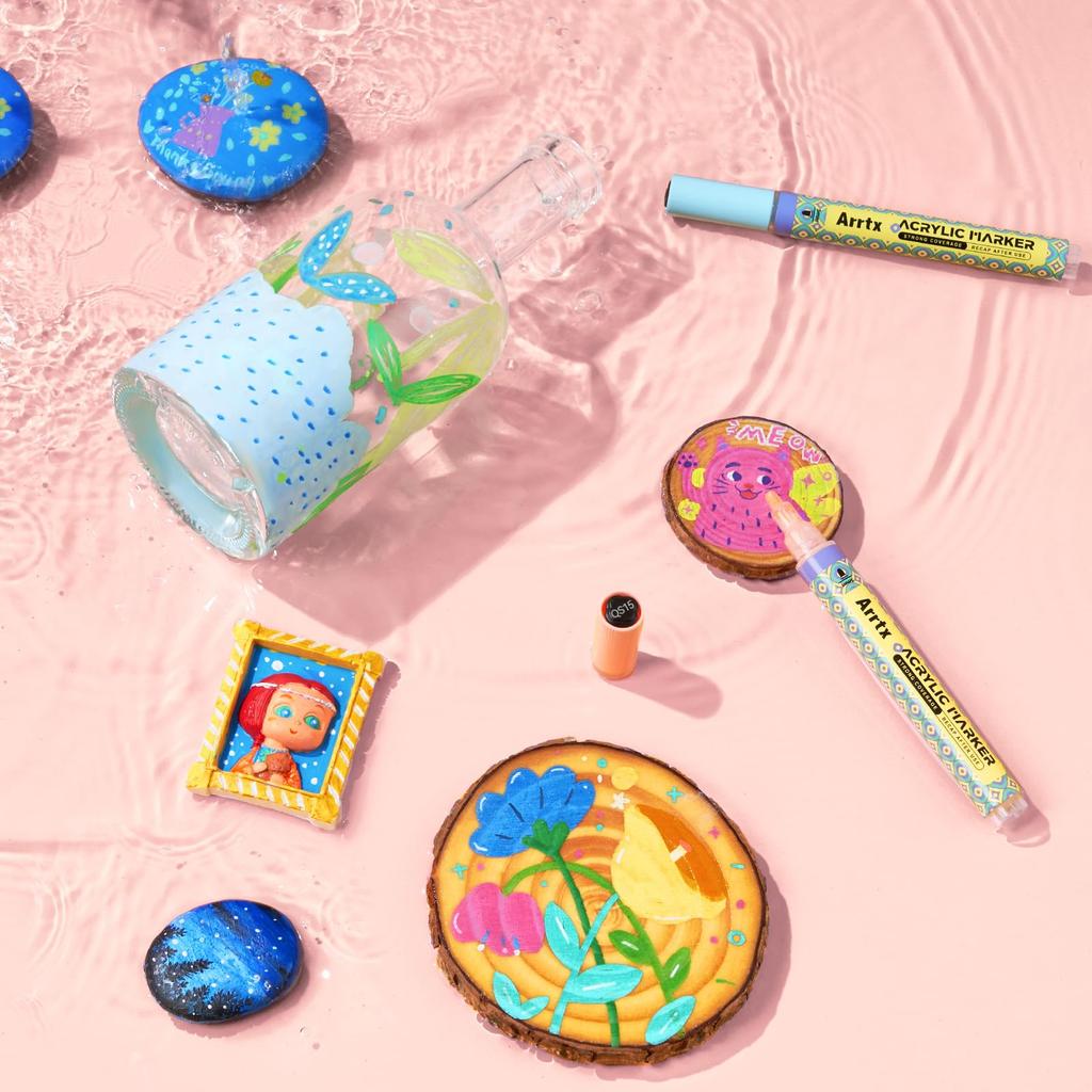 Arrtx Acrylic Paint 3mm Medium Tip Acrylic Marker for Rock DIY and Art Supplies 48-Color Pens, Pens, Non-Toxic, Water-Based, Quick-Drying, Painting,