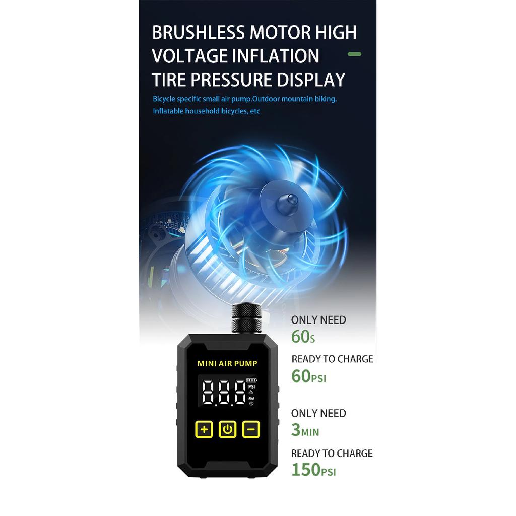 150Pis Mini Portable Bike Electric Air Pump 500mAH Type-C Compressor Tire Inflator MTB Road Bicycle Pump with LED Display