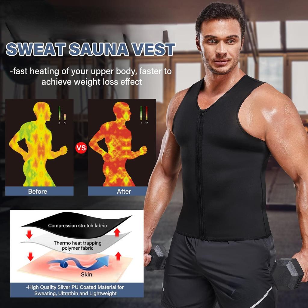 Мужской костюм для сауны, удерживающий тепло, молния, спортивный жилет для тренировок в тренажерном зале, бодибилдинг, майки для тренировок, рубашка с термо-тренером для талии, формирователь тела для похудения