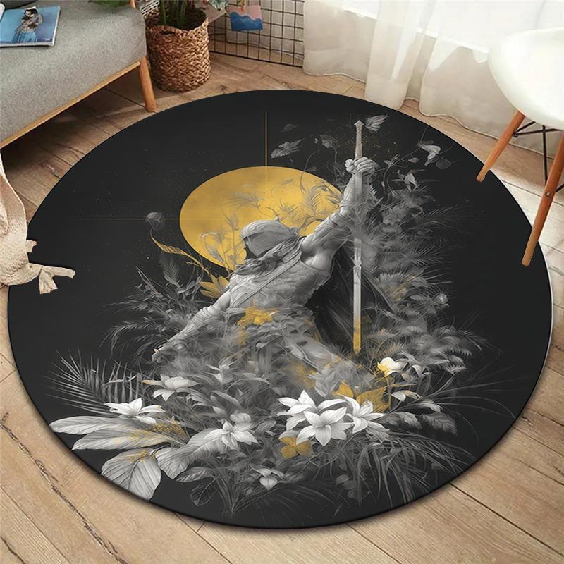 Retro Line Roman Warrior Round Area Rug,Carpet Rug for Living Room Bedroom Sofa Playroom Decor,Non-slip Floor Mat
