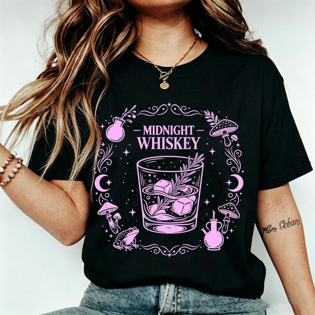 Midnight Whiskey Witchy Tee,Gift For Whiskey Lover Witch, Dark Cottagecore Mushroom Frog Celestial Moon Graphic Shirt,Gothic Drinking Tshirt