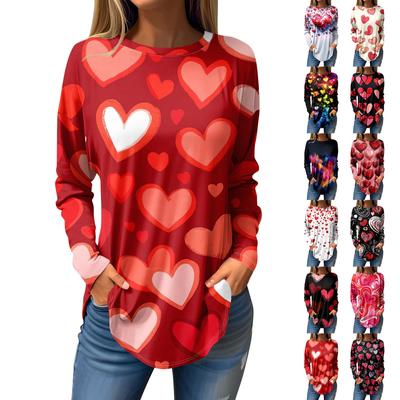 Футболки для женщин Повседневные рубашки с круглым вырезом и длинным рукавом с принтом ко Дню святого Валентина Топ-пуловер