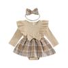 Baby Girl 2Pcs Fall Outfits Ruffle Long Sleeve Plaid Print Skirt Romper with Headband Set Infant Clothes
