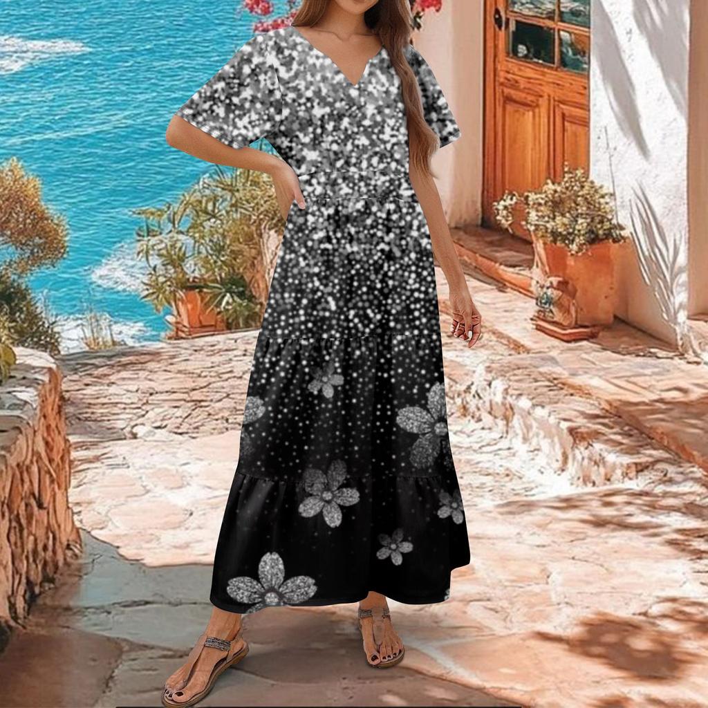 Women's  Summer Floral V Neck Maxi Dress Short Sleeve High Waist A Line Tiered Flowy Boho Vacation Dresses