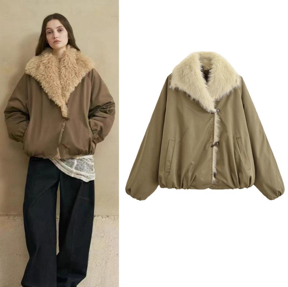 Spot European and American style winter new women's fashion hair lapel horn buckle cotton clothes women's winter