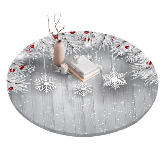 Fitted Christmas Round Tablecloth Holiday Snowflakes Table Cover with Elastic Edge Water-Resistant Christmas Tree Table Cover for Round Tables Dinner