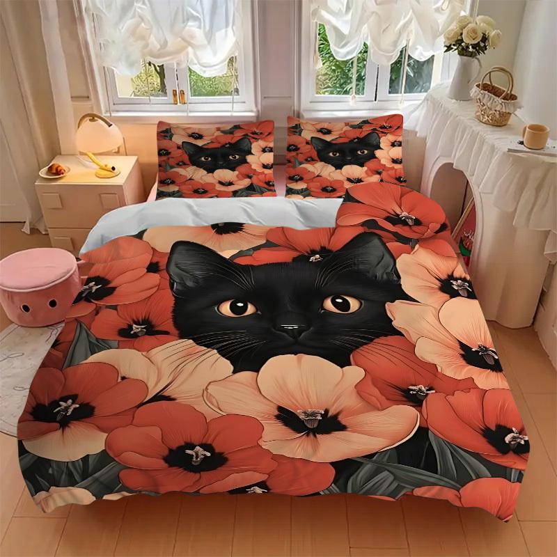 3pcs Black Cat Print Duvet Cover Set - Machine Washable, Includes 1 Cover and 2 Pillowcases, No Core Included yy251013081