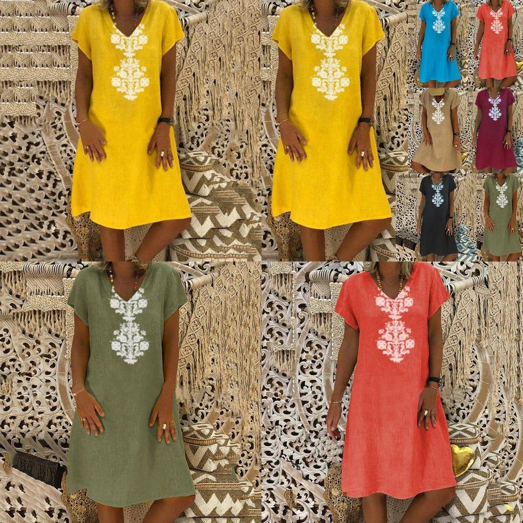 Premium Quality Women's Baggy Loose Short Sleeve V-neck Linen Kaftan Madi Dress For Effortless Beach Style