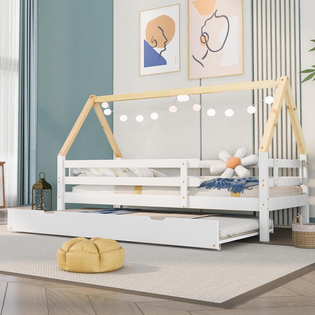 Children's Bed Fliek House Bed 200x90cm with Fall Protection and Slatted Frame, Daybed with Rollers Underneath for Girls & Boys, White+Natural-colored