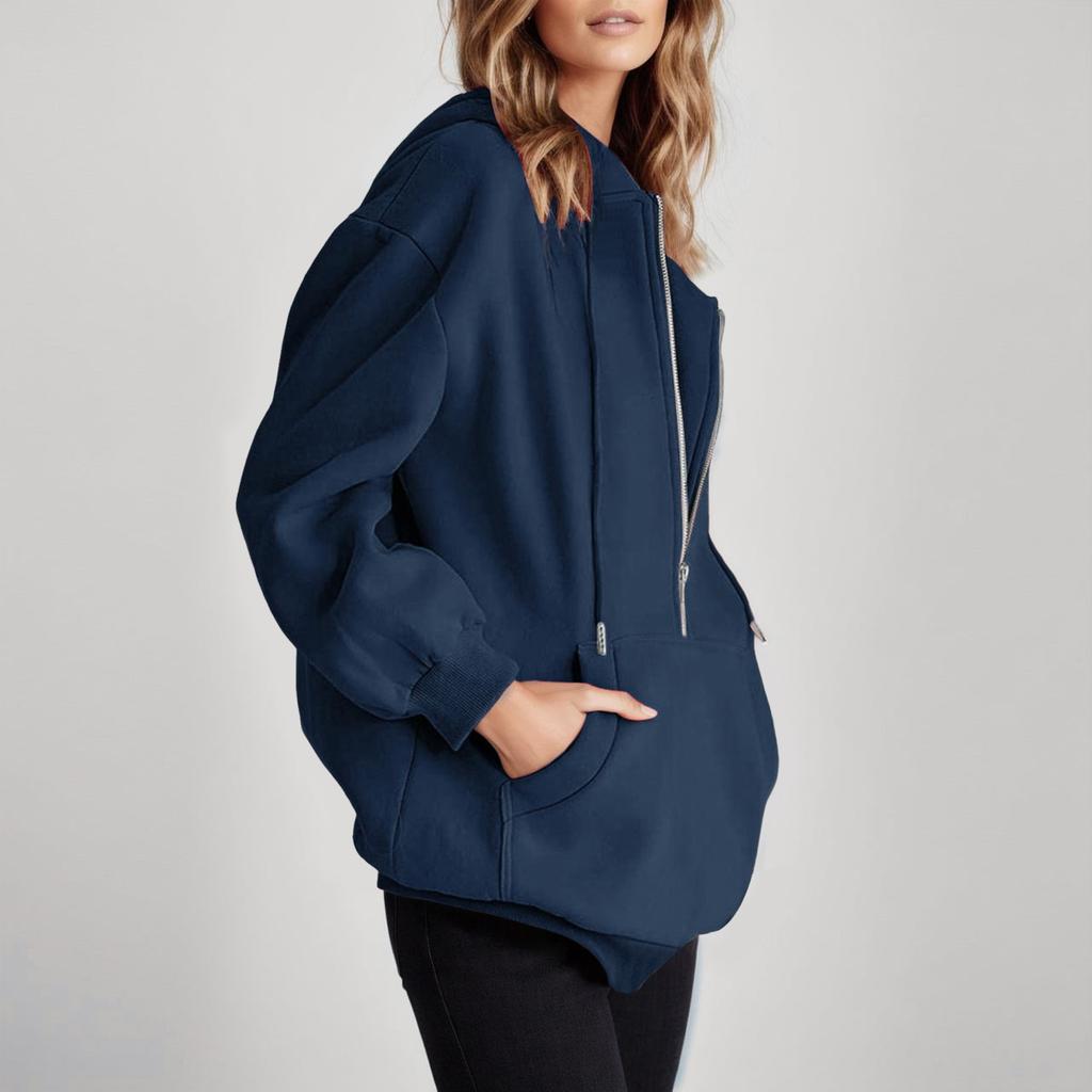 Solid Color Long Sleeve Pocket Hooded Zipper Thickened Pullover Sweatshirt for Women
