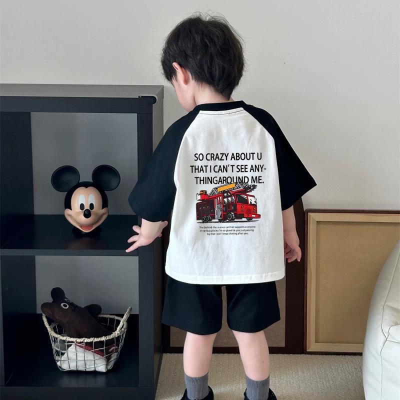 Boys Summer Cotton Cartoon T Shirt Round Neck Raglan Block Short Sleeve Casual Top For Kids