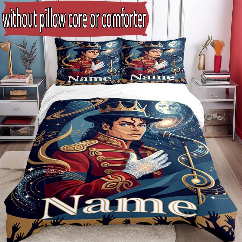 3pcs Duvet Cover Set (1*Duvet Cover + 2*Pillowcase, Without Core), Custom Name Michael Jackson POP Pattern Bedding Set, Home Bedroom Decor Gift
