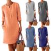 Ladies' Fashionable Casual Cotton Linen Dress with Round Neck, Long Sleeved Solid Color Dress