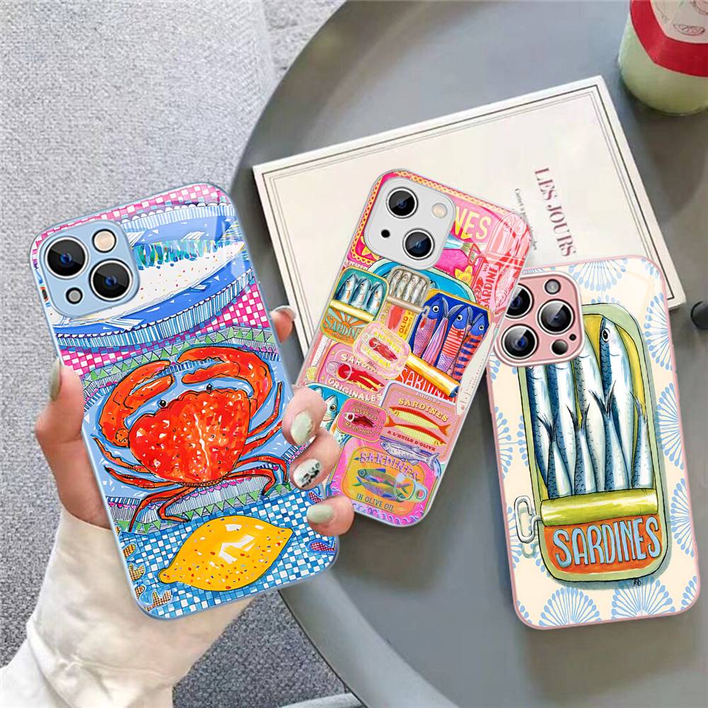 Sardines Fish Tempered Glass For Iphone 14 13 12 11 Pro Mini XS MAX 14Plus X XS XR Cover